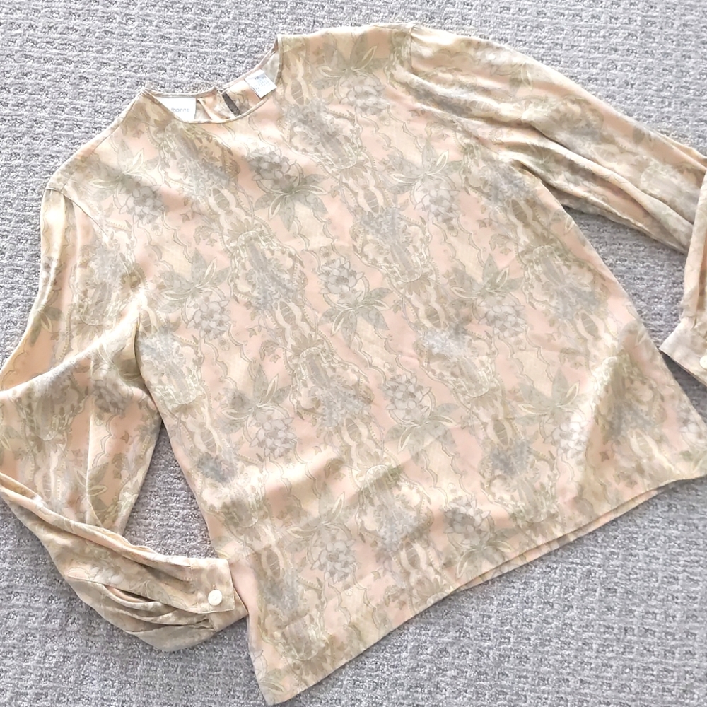 STUNNING Vtg Liz Claiborne Champagne Peach Patterned Silk Blouse, Size 12/L
